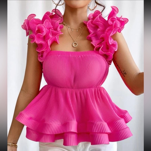 Tops - Hot Pink Ruffle Peplum Top Blouse Shirt